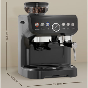 HOMCOM Cafetera Espresso 15 Bares 1600W con Molinillo de 15 Niveles, Vaporizador de Leche, Depósito Agua 2L y Grano 150g, 1 o 2 Tazas, Calientatazas, para Capuchino y Latte, Acero Inoxidable, Negro