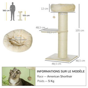 Arbre à chat griffoir sisal naturel 2 plateforme panier observation jeu boule suspendue peluche beige