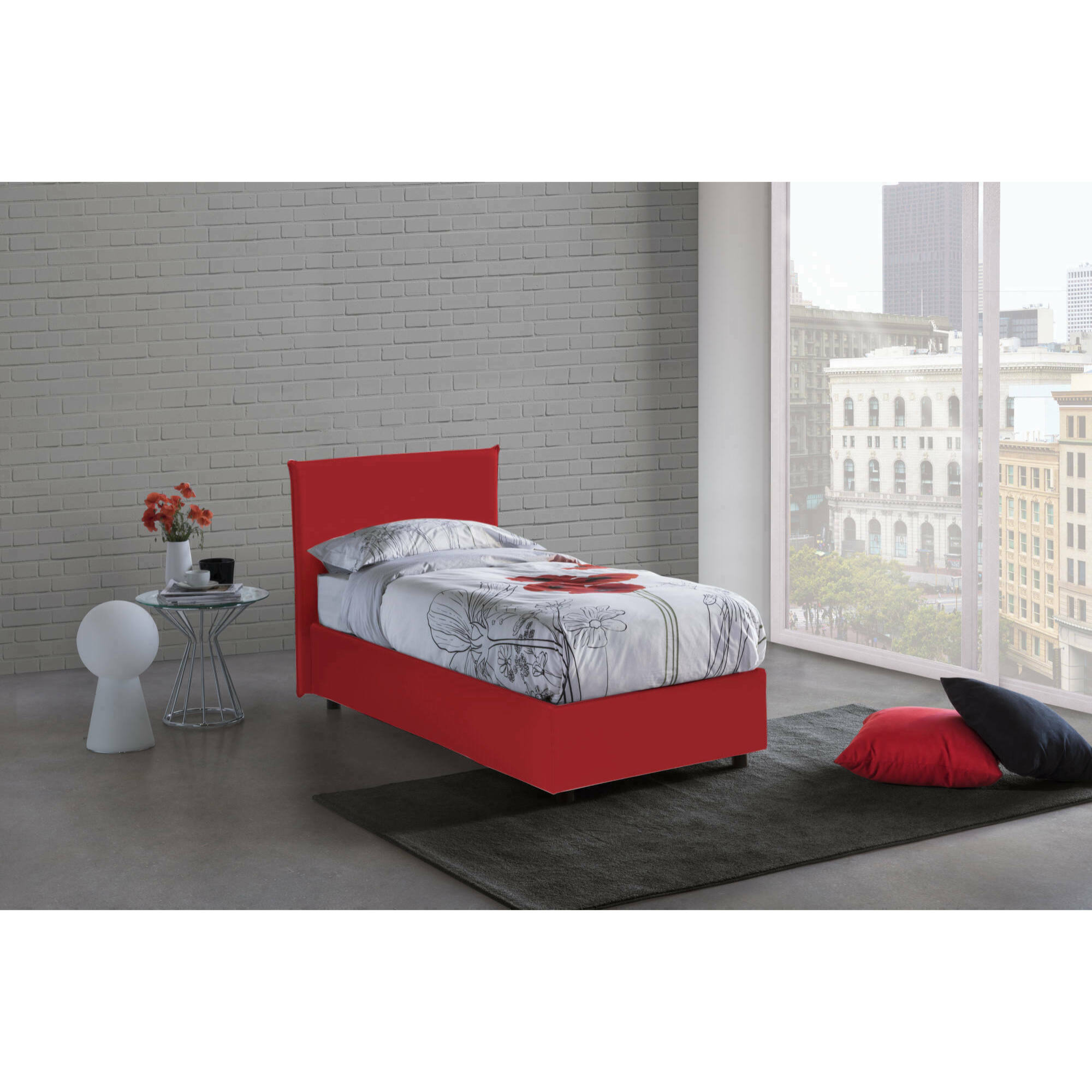 Letto singolo Cassiopea, Letto contenitore con rivestimento in tessuto, 100% Made in Italy, Apertura frontale, adatto per materasso Cm 80x200, Rosso