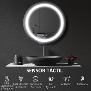 Conjunto de Baño Incluye 1 Mueble de Baño con Lavabo 61x37x88 cm y 1 Espejo de Baño con Luz LED Antivaho Interruptor Táctil Ø50x4,6 cm Blanco Brillante y Plata