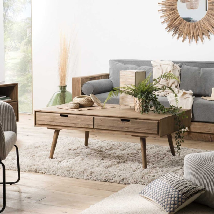 ANDY - Table basse marron scandi rectangulaire 4 tiroirs bois Sapin
