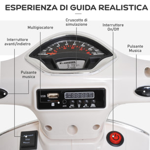 HOMCOM Moto Elettrica per Bambini Design Vespa, Batteria 6V con Suoni e Luci, Età 3-6 Anni, Bianco