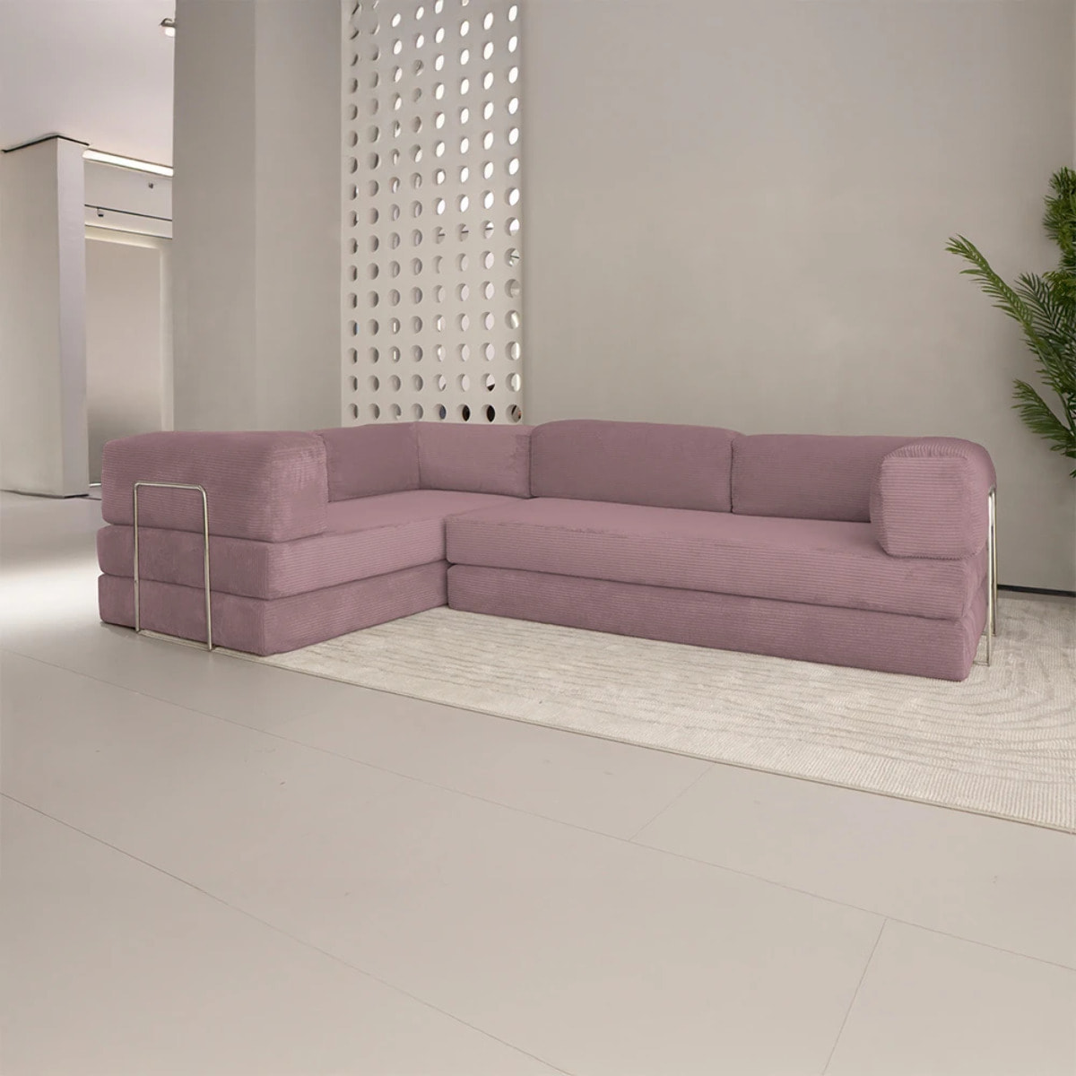 TRENDY - Canapé compressé 5 places angle modulable en velours côtelé rose