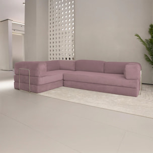 TRENDY - Canapé compressé 5 places angle modulable en velours côtelé rose