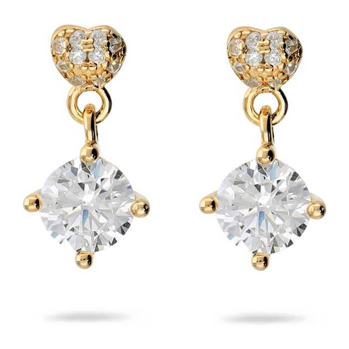 Orecchini Pendenti Cuore in Argento 925 placcato Oro Giallo 14Kt con Ciondolo in Cubic Zirconia