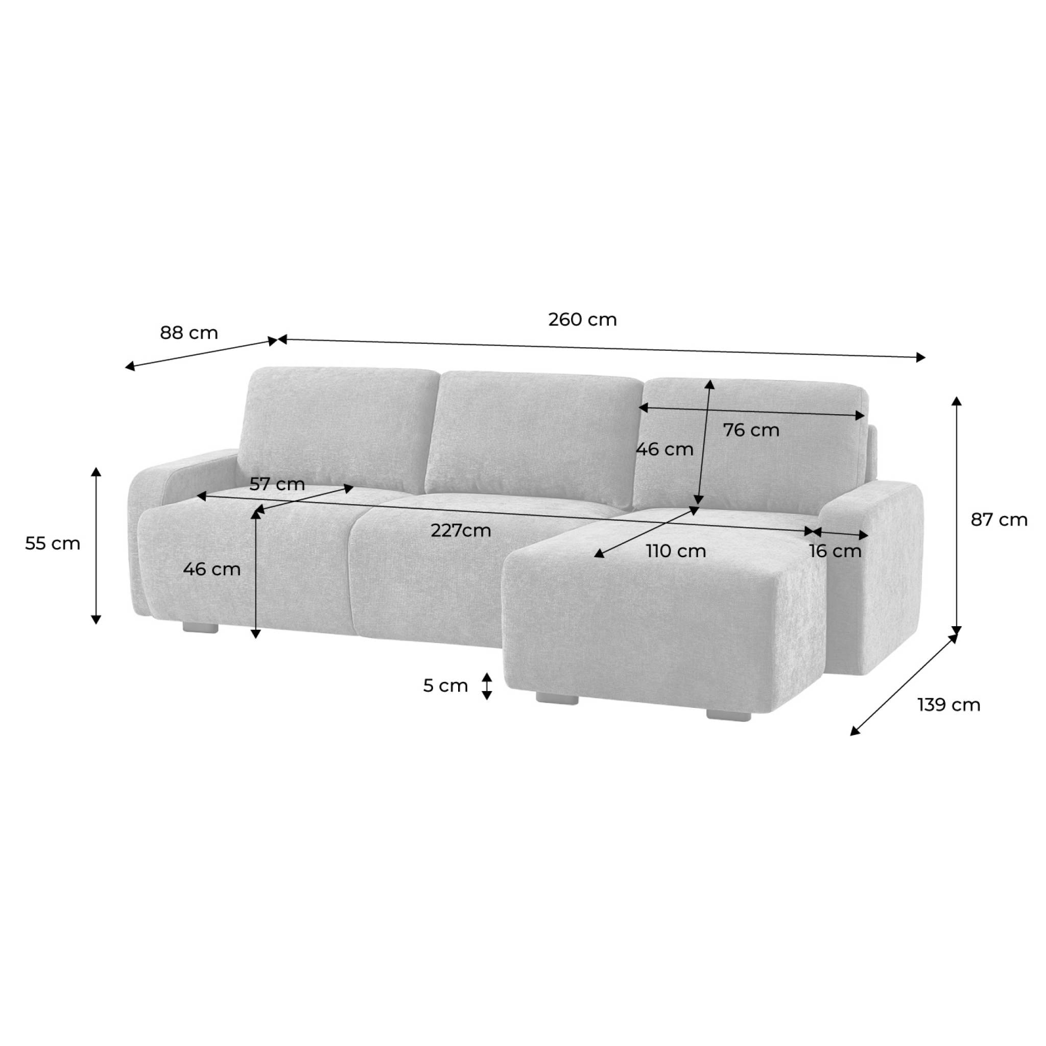Canapé d'angle droite 3 places tissu blanc cassé L 260 x P 88 / 139cm / x H 87cm - Dany