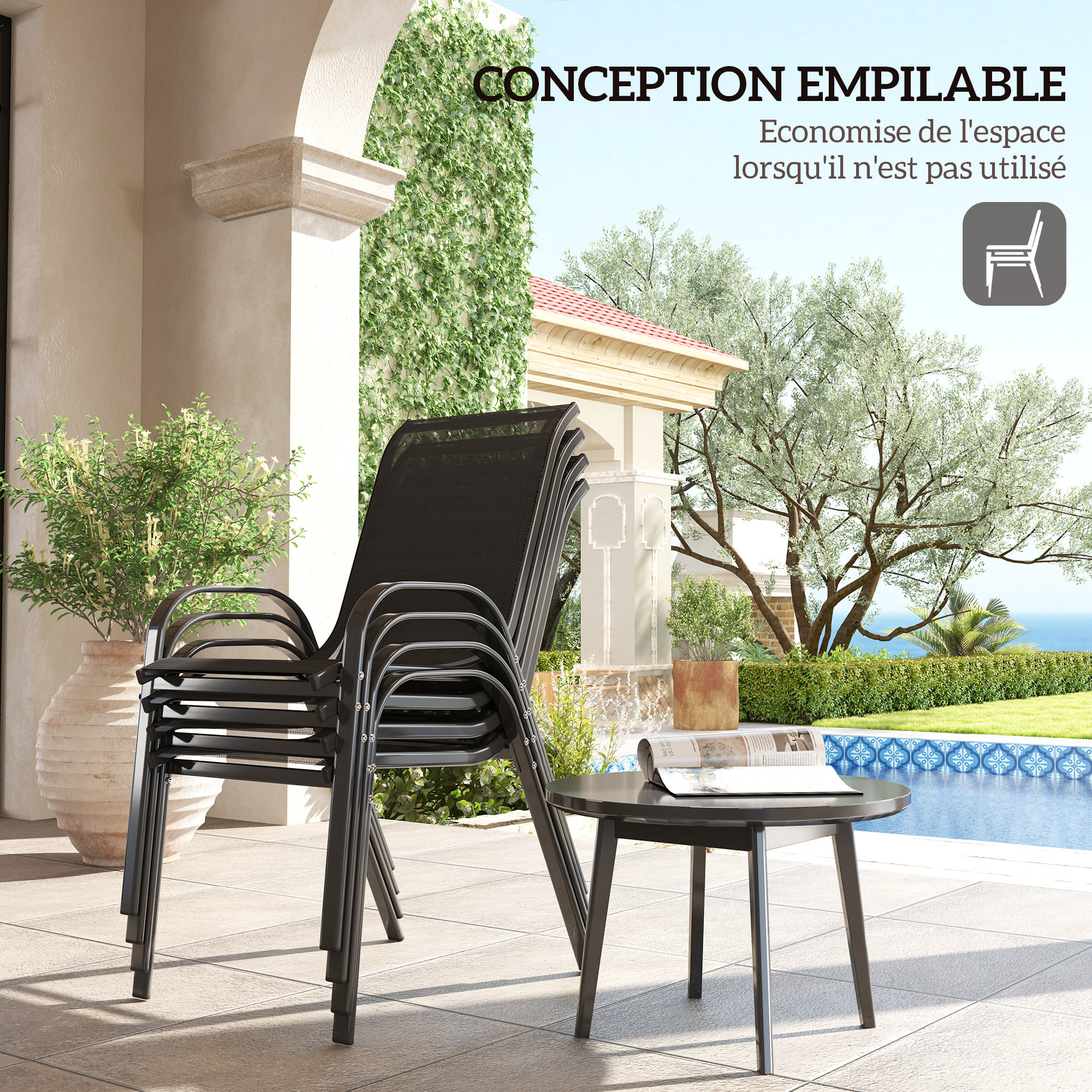 Lot de 4 chaises de jardin empilables - assise ergonomique, haut dossier, accoudoirs - acier textilène noir