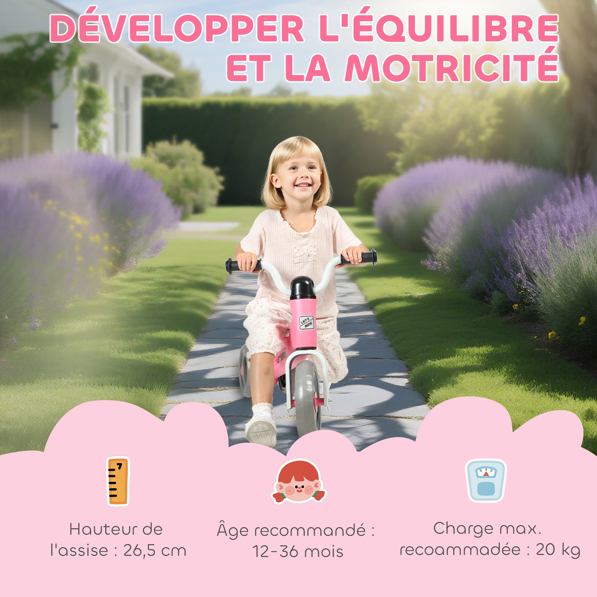 Draisienne 3 roues enfant 12-36 mois pneu EVA silencieux grande selle métal rose blanc