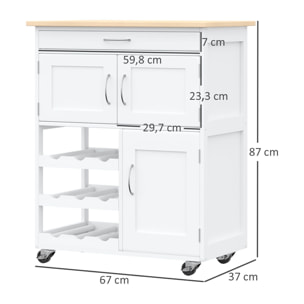 Carro de Cocina con Ruedas Carrito de Servicio con Cajón 2 Armarios de Almacenaje y 3 Estantes Abiertos de 9 Botellas para Comedor Restaurante 67x37x87 cm Blanco