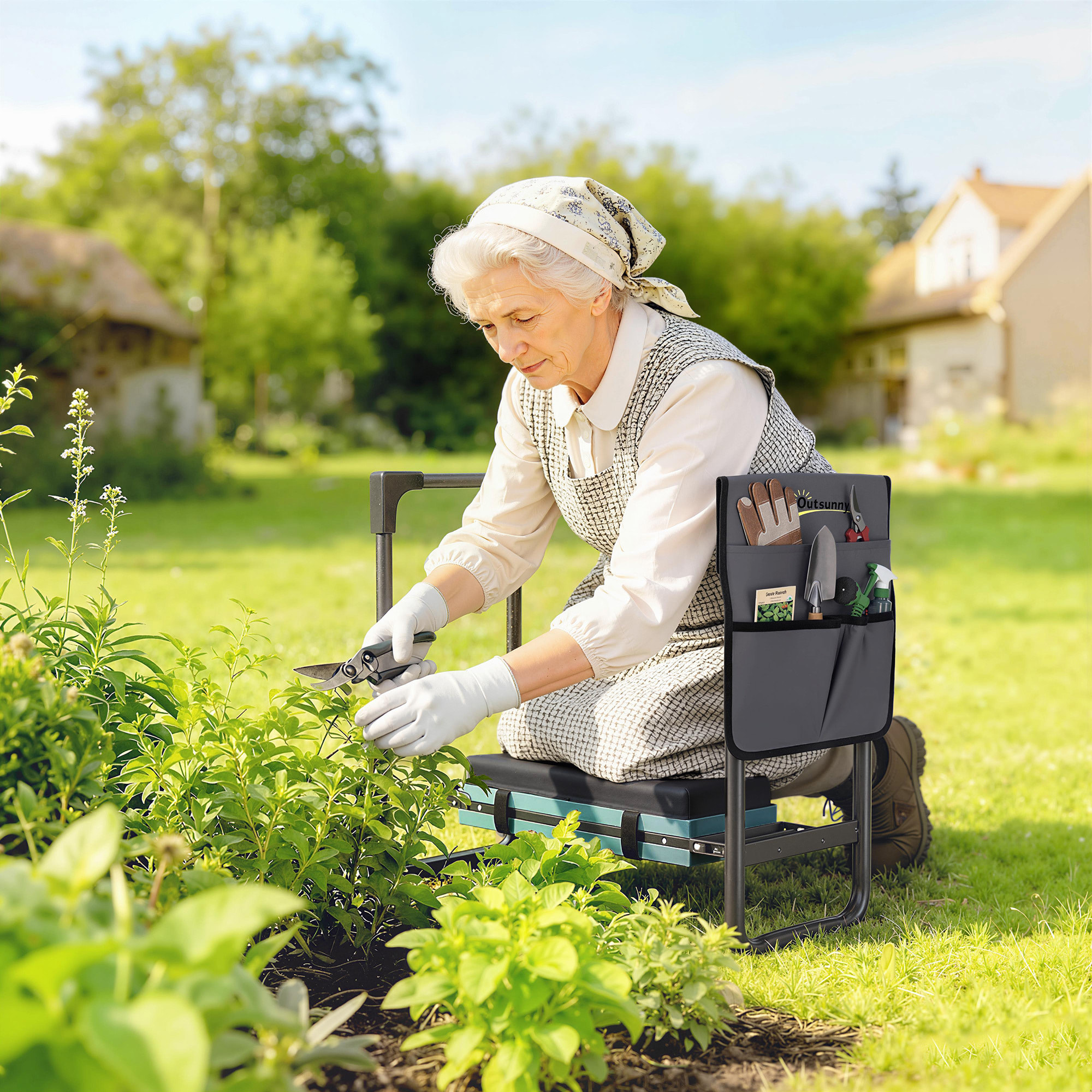 Taburete de Jardín Plegable con Almohadilla de Espuma EVA, Asiento de Jardín Portátil con Bolsa para Herramientas, Patas Extensibles, Carga 150kg, Regalo para Jardineros Ancianos, Gris Oscuro