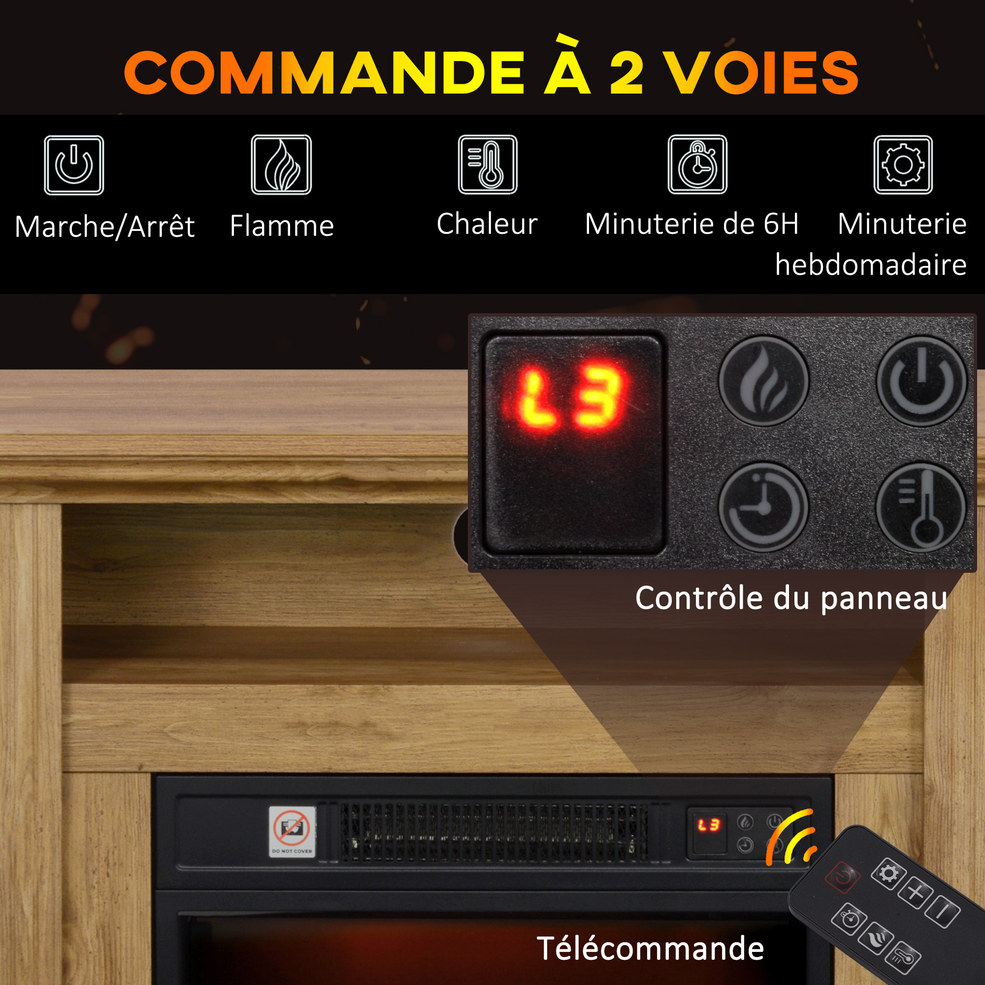 Cheminée électrique style montagnard aspect bois - niche, télécommande, timer - max. 1800W