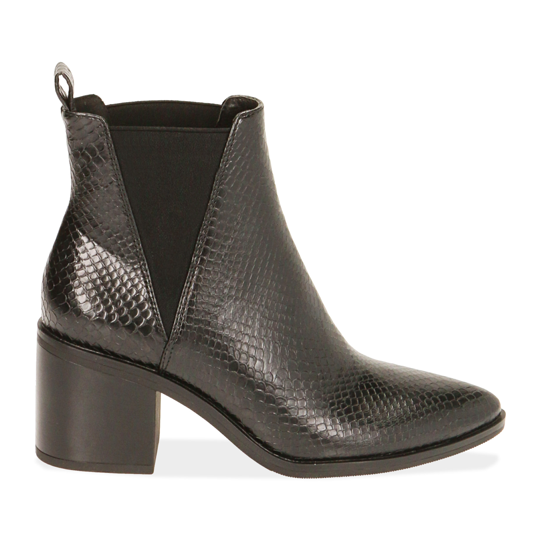 Botines de tacón negras con estampado de serpiente, tacón 7,5 cm