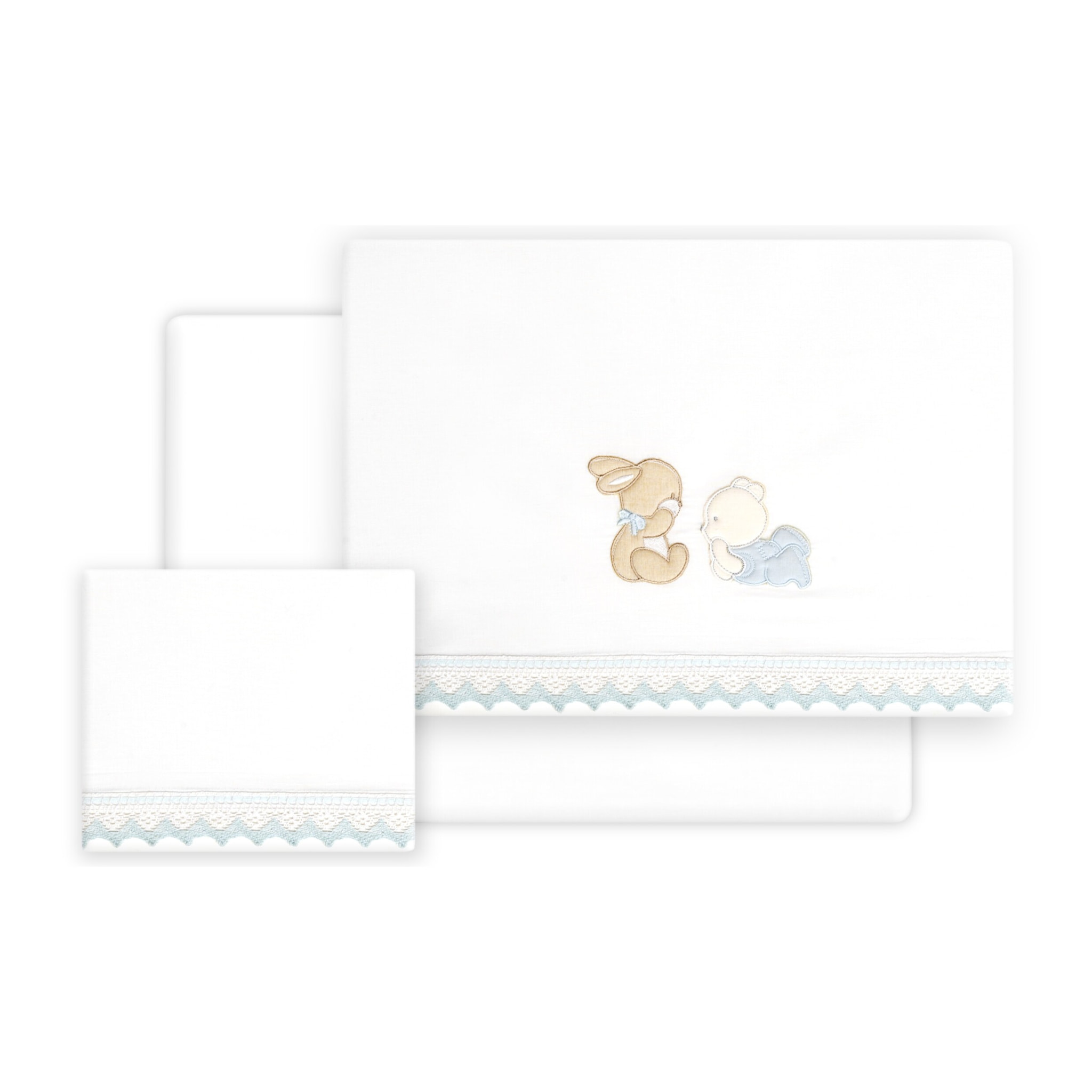 Triptico Cuna Guipur Oso Tumbado Conejito + Broche Bco/Azul