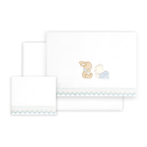Triptico Cuna Guipur Oso Tumbado Conejito + Broche Bco/Azul