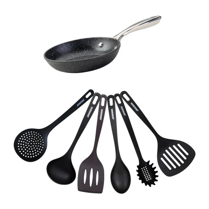 Set poêle 20 cm fonte alu revêtement antiadhésif céramique sans PFAS et 6 ustensiles inox Fackelmann Crossroad
