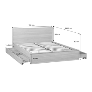 Lit avec sommier à lattes et tête de lit 140 x 190cm + 4 tiroirs décor bois KUBA