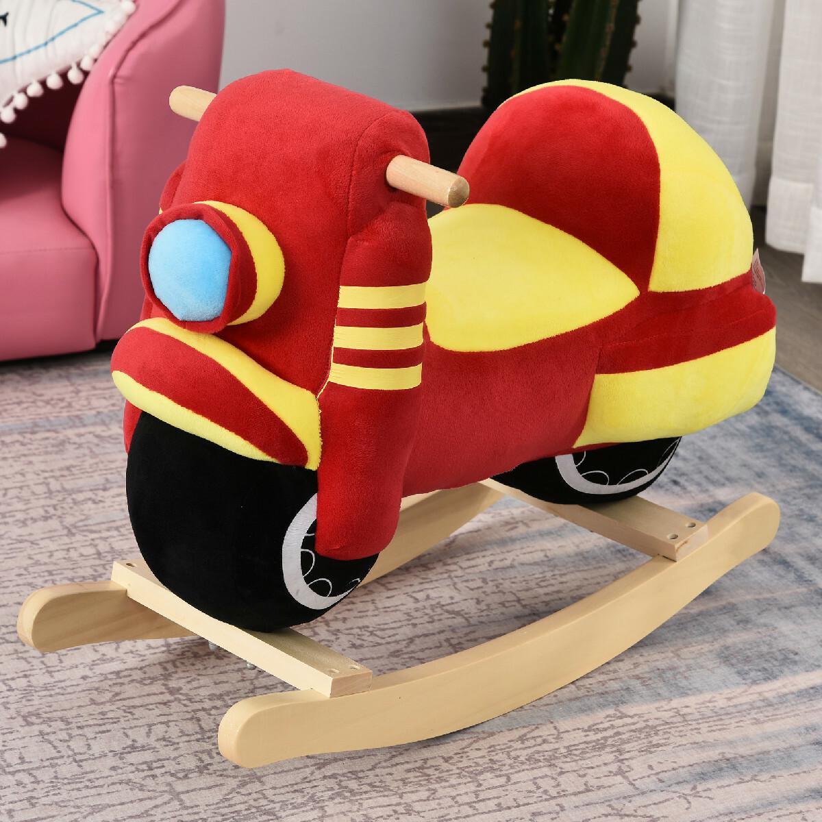 Cheval à bascule modèle moto fonction musicale selle grand confort peluche courte douce bois peuplier rouge et jaune dim. 60L x 25,5l x 48H cm