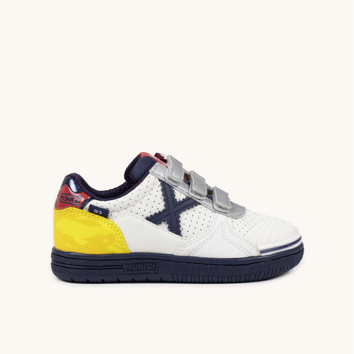 Zapatillas de Fútbol Sala Infantiles con Velcro Blancas y Amarillas MUNICH G-3 KID VCO 451