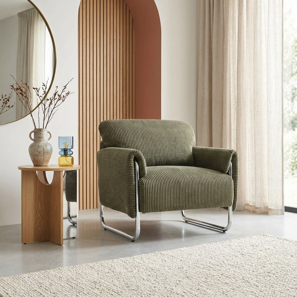 Fauteuil vintage velours côtelé armature chromée VINTAGE