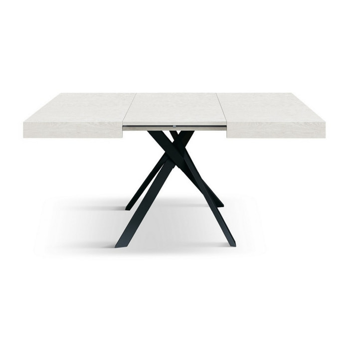 Tavolo FORTE DEI MARMI in legno, finitura bianco frassinato e gambe incrociate in metallo antracite, allungabile 95x90 cm - 145 x 90 cm
