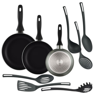 set de 3 sartenes ø16ø20ø24cm de aluminio prensado en gris metalizado + 6 utensilios de cocina en pbt color negro