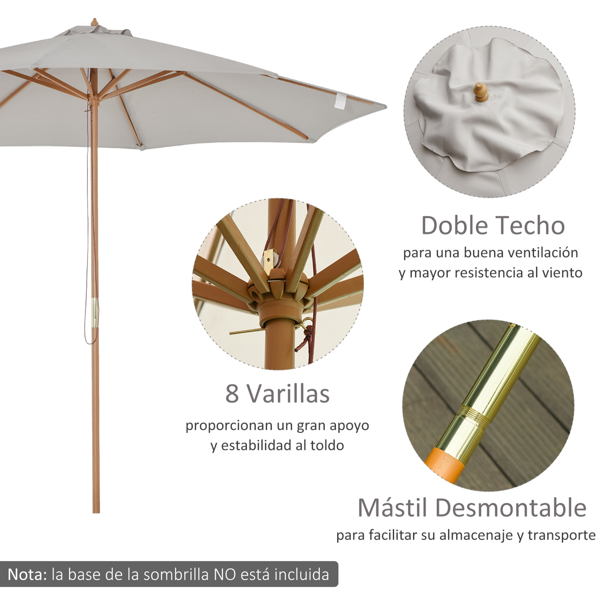 Sombrilla Parasol de Jardín Ø300x250cm con Techo Ventilado y Poste Madera Gris