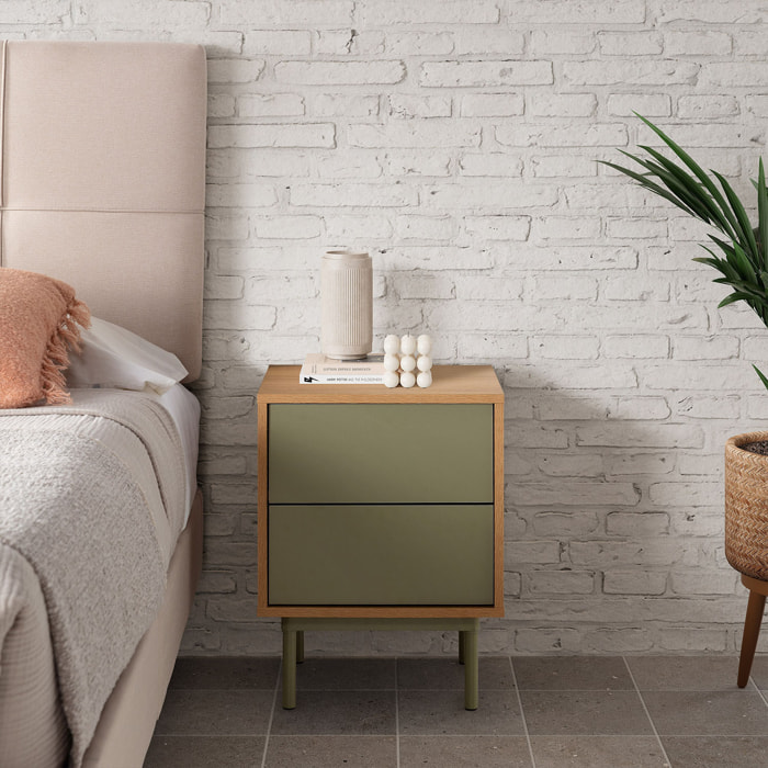 Mesita de noche Cuzco 2 cajones color Roble/Verde