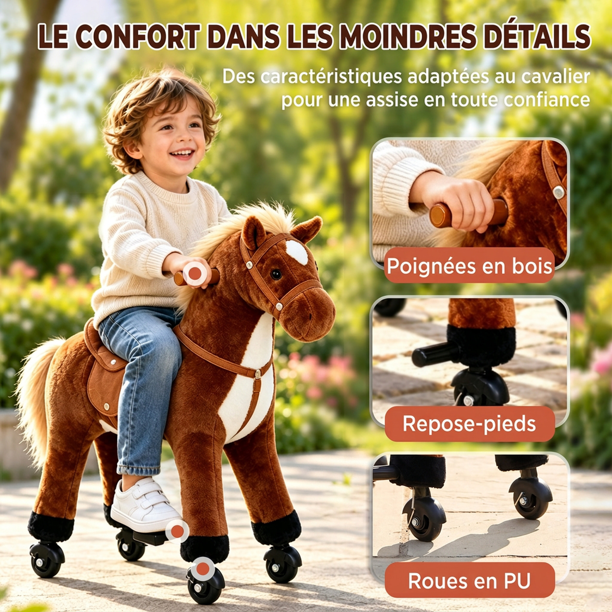 Cheval debout mobile en peluche effets sonores hennissement galop selle marron
