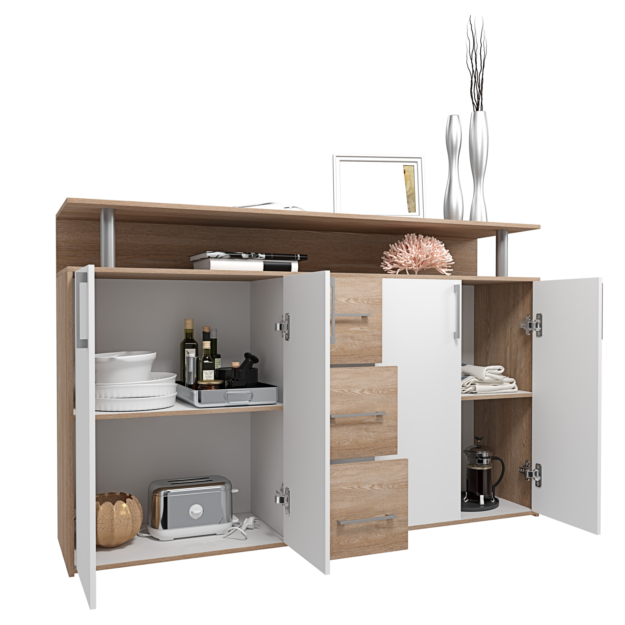 Credenza Comò Con 3 Cassetti 4 Ante Battenti 1 Ripiano Aperto A Giorno Mobile Mobiletto Soggiorno Ingresso Salotto 139 x 90 x 34 Cm Bianco Rovere