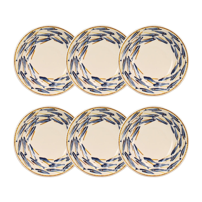 Lot de 6 assiettes creuses 20cm en porcelaine à imprimé poisson MARIUS