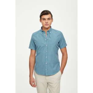 Camicia Uomo 1 Bottone Button Down Manica Corta Slim Cotone Poliestere Quadro Piccolo Celeste e Verde Scuro