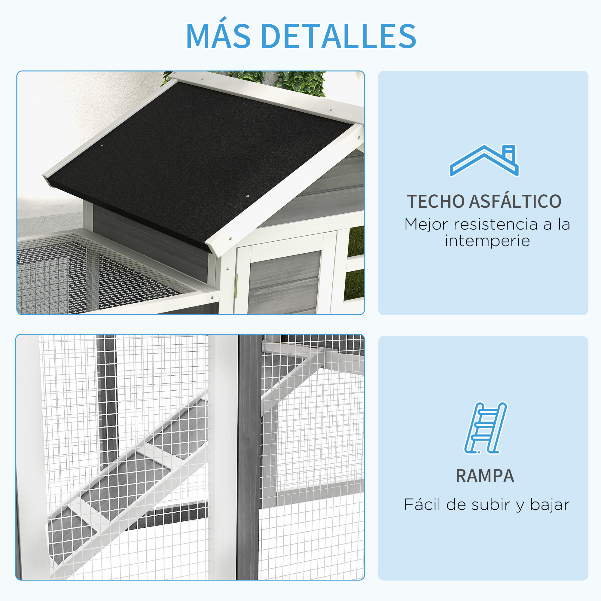 Conejera de Madera de 2 Niveles Jaula para Conejos con Zona Abierta Techo Asfáltico Bandeja Extraíble y Rampa Conejera para Exterior 122x62,6x92 cm Gris