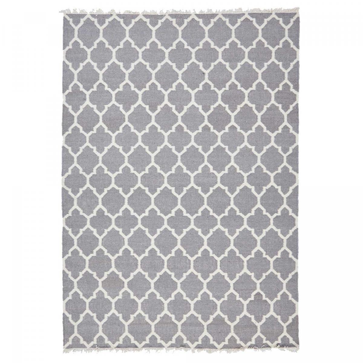 Tapis Kilim tissé à la main en laine motif Géométrique gris et blanc