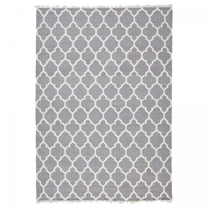 Tapis Kilim tissé à la main en laine motif Géométrique gris et blanc