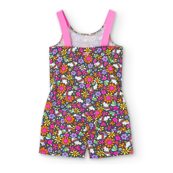 Mono niña, algodón estampado, nubes, naranja, tirantes