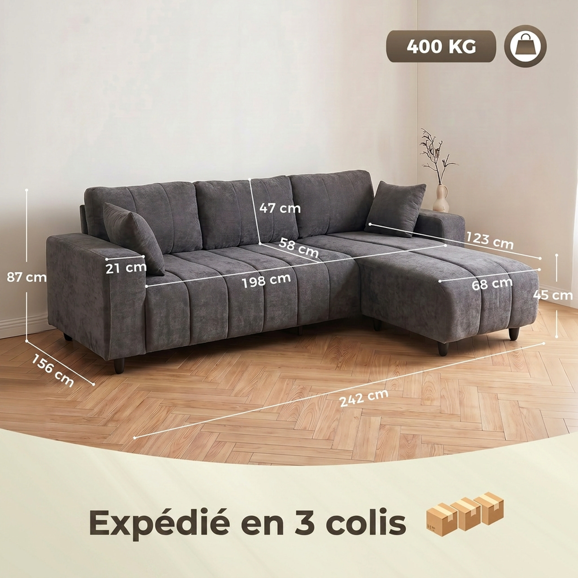 Canapé d'angle réversible 3 places design look matelassé 2 coussins déco tissu toucher lin gris