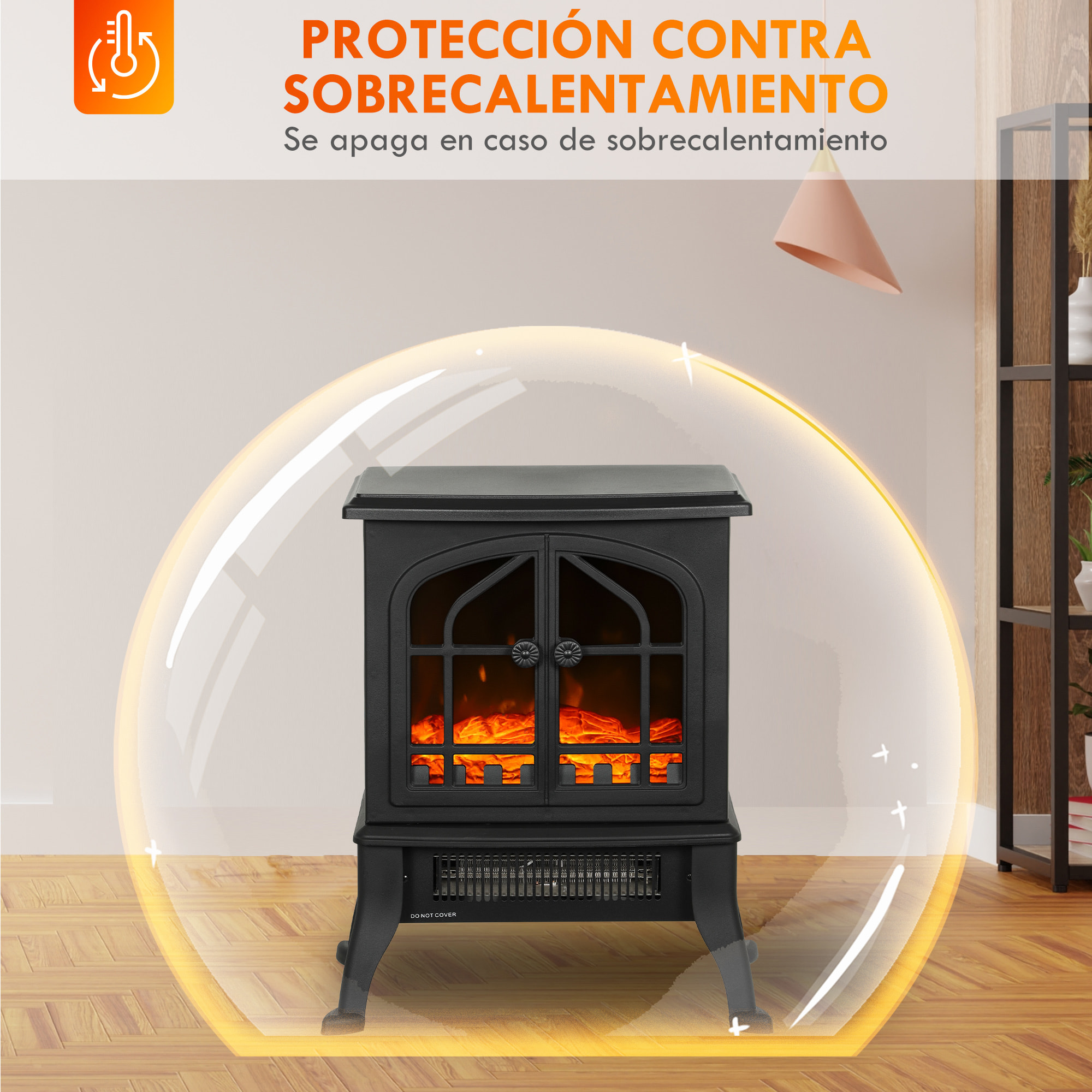 Chimenea Eléctrica de Pie, Chimenea Decorativa, 900/1800W, Efecto Llama 3D, 2 Niveles de Potencia, Termostato Ajustable, Ventanas Visibles, para 15-30 ㎡, Negro
