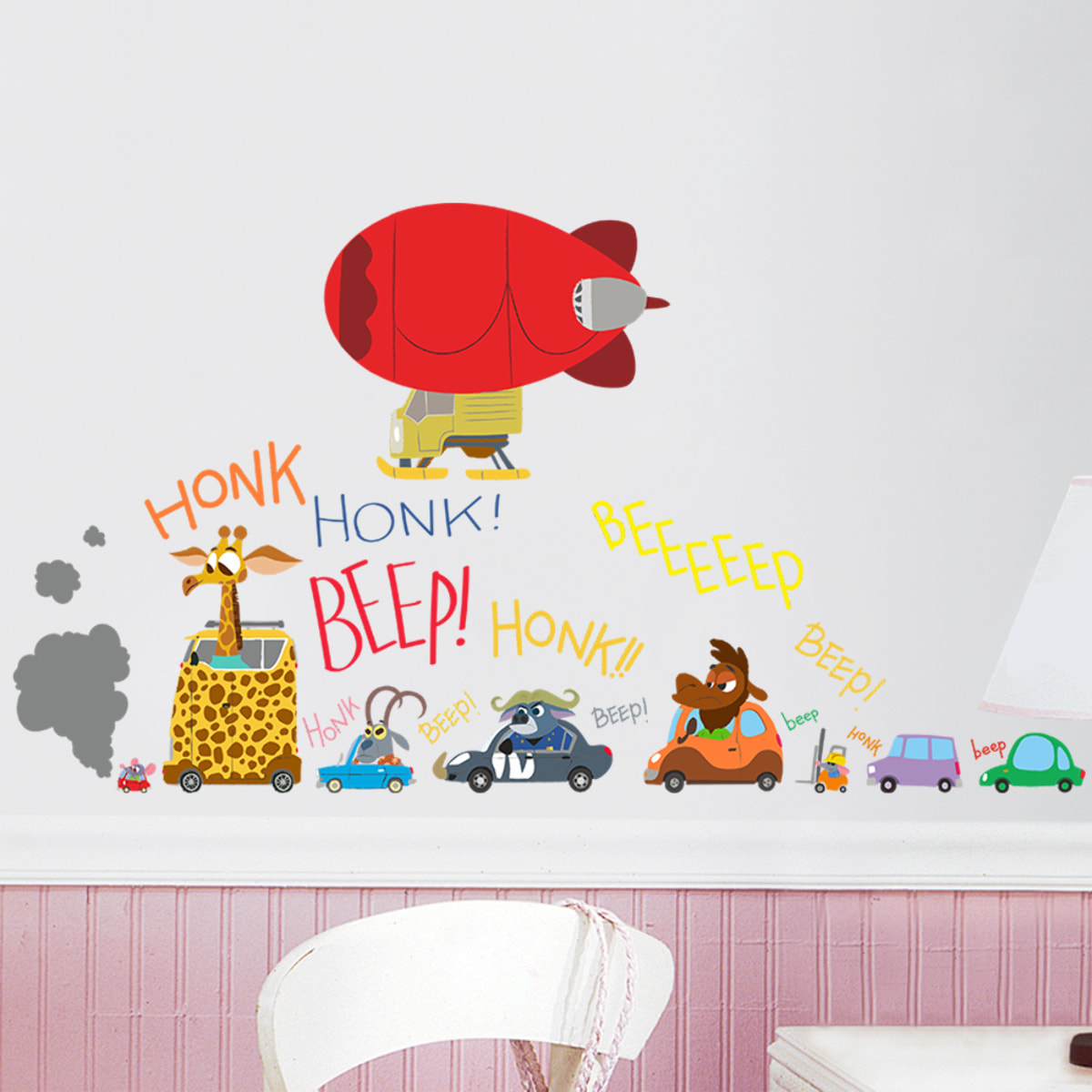 Stickers Muraux décoration adhésifs embouteillage et dirigeable avec animaux rigolos