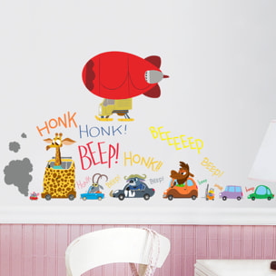 Stickers Muraux décoration adhésifs embouteillage et dirigeable avec animaux rigolos