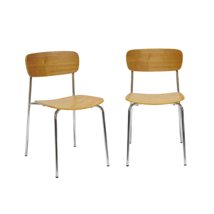 Lot de 2 chaises vintage contreplaqué avec placage bois effet frêne et pieds métal chromé L 43.5 x P 51 x H 77cm - Toby