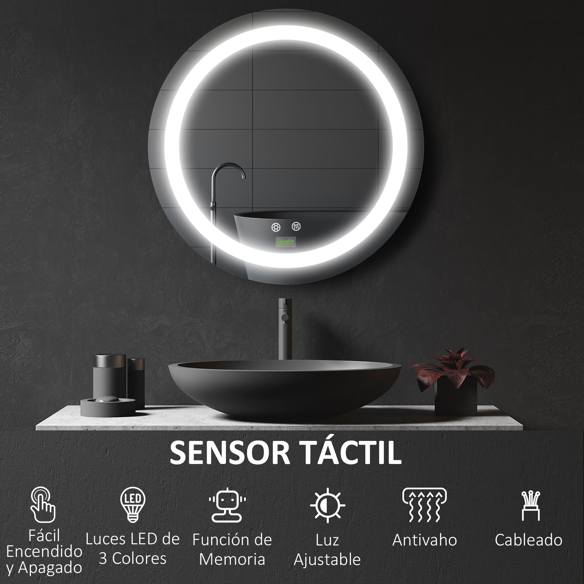 Conjunto de Baño Incluye 1 Mueble de Baño con Lavabo 61x37x88 cm y 1 Espejo de Baño con Luz LED Antivaho Interruptor Táctil Ø50x4,6 cm Blanco Brillante y Plata