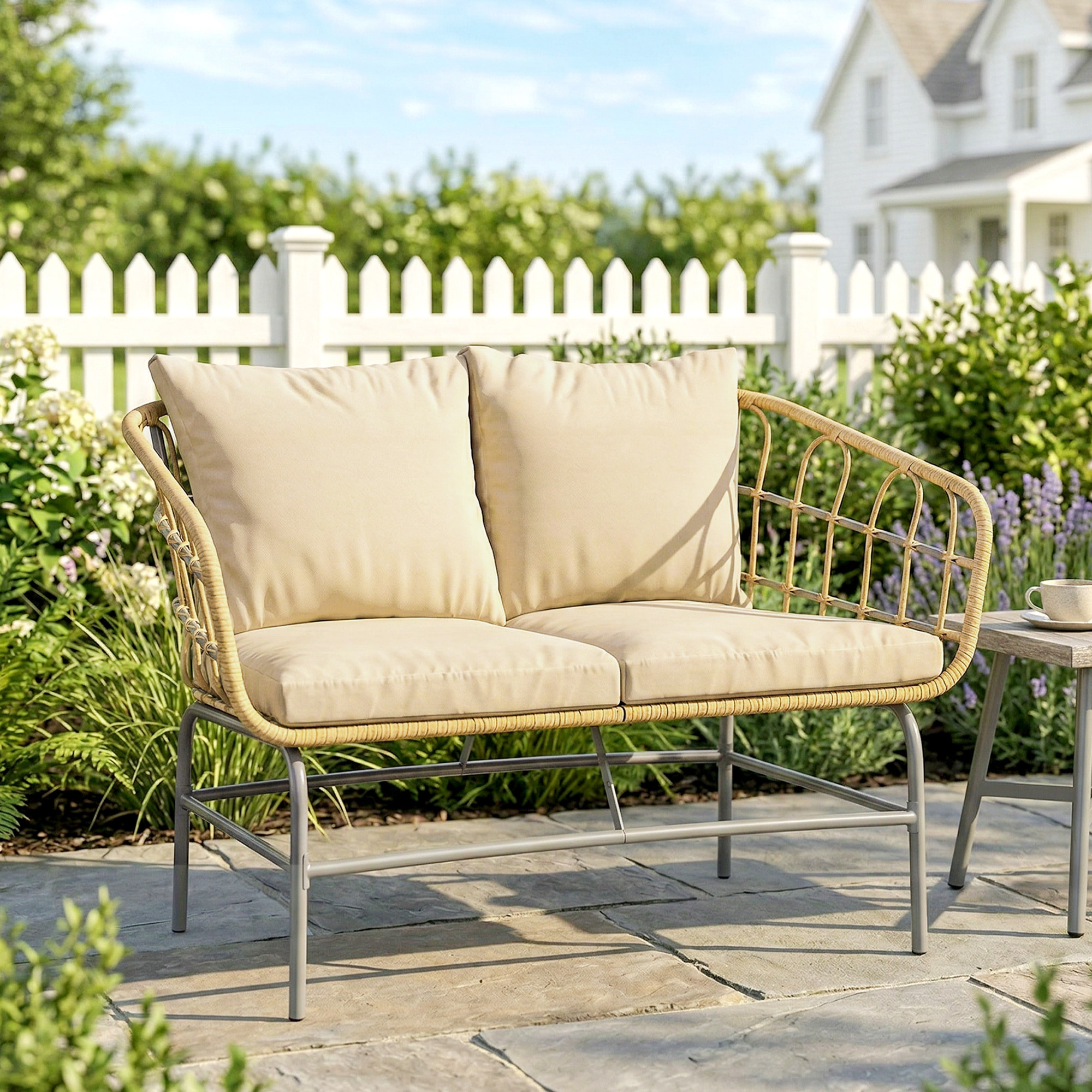 Canapé de jardin 2 places design résine filaire effet rotin naturel métal noir