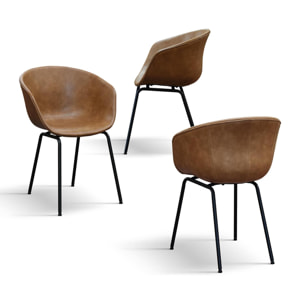 Set di 4 sedie COPENAGHEN rivestite in ecopelle cammello e gambe in metallo nero