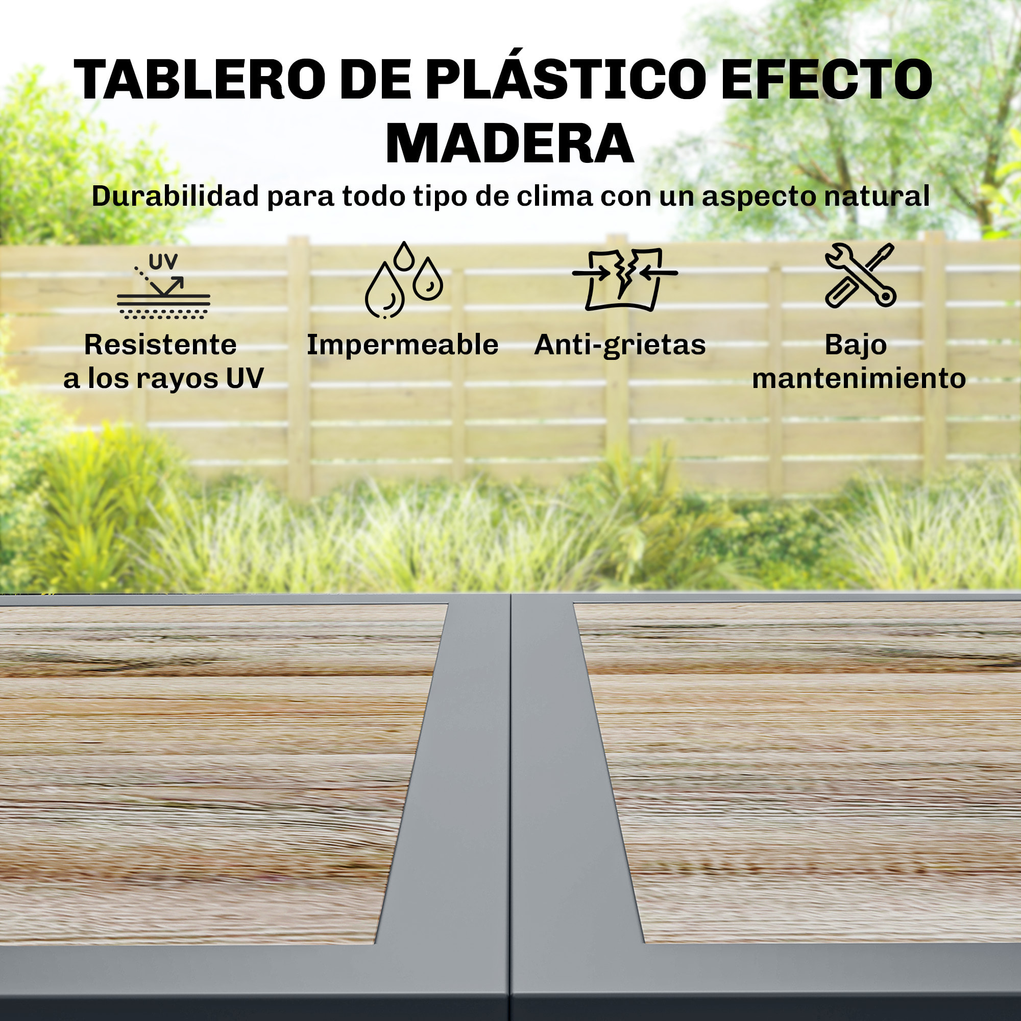 Conjunto de Mesa y Sillas Jardín de 7 Piezas, Muebles Jardín Exterior con Mesa de Plástico PSPC, 6 Sillas Apilables Transpirables, Marco de Acero Resistente a la Intemperie, Gris Oscuro