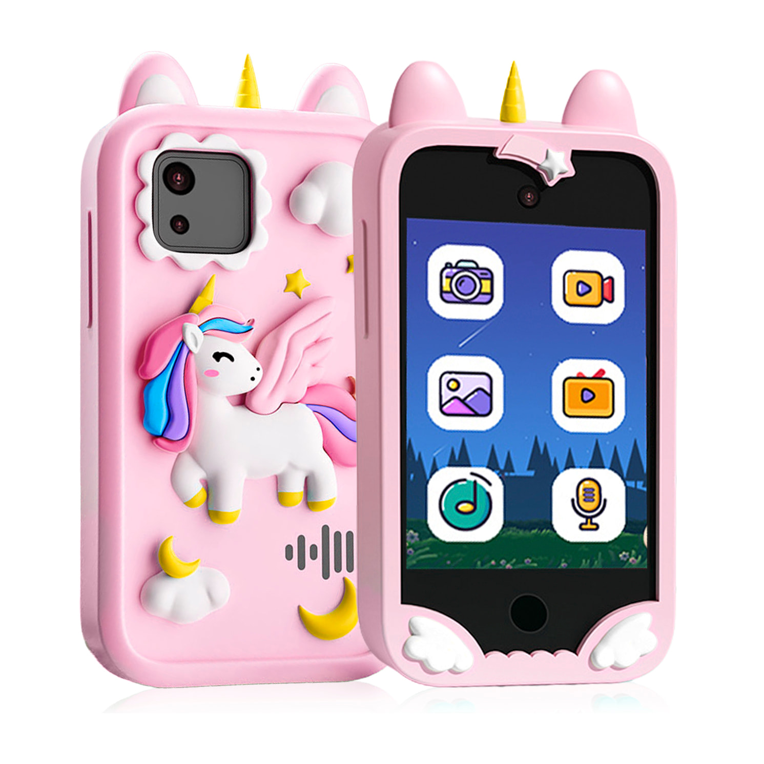 Cámara infantil K8 con forma de teléfono. Con cámara dual de hasta 12MP, video de 1080p y pantalla táctil IPS de 2.8". Con funda de silicona de unicornio.