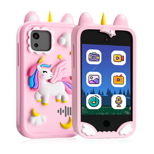 Cámara infantil K8 con forma de teléfono. Con cámara dual de hasta 12MP, video de 1080p y pantalla táctil IPS de 2.8". Con funda de silicona de unicornio.