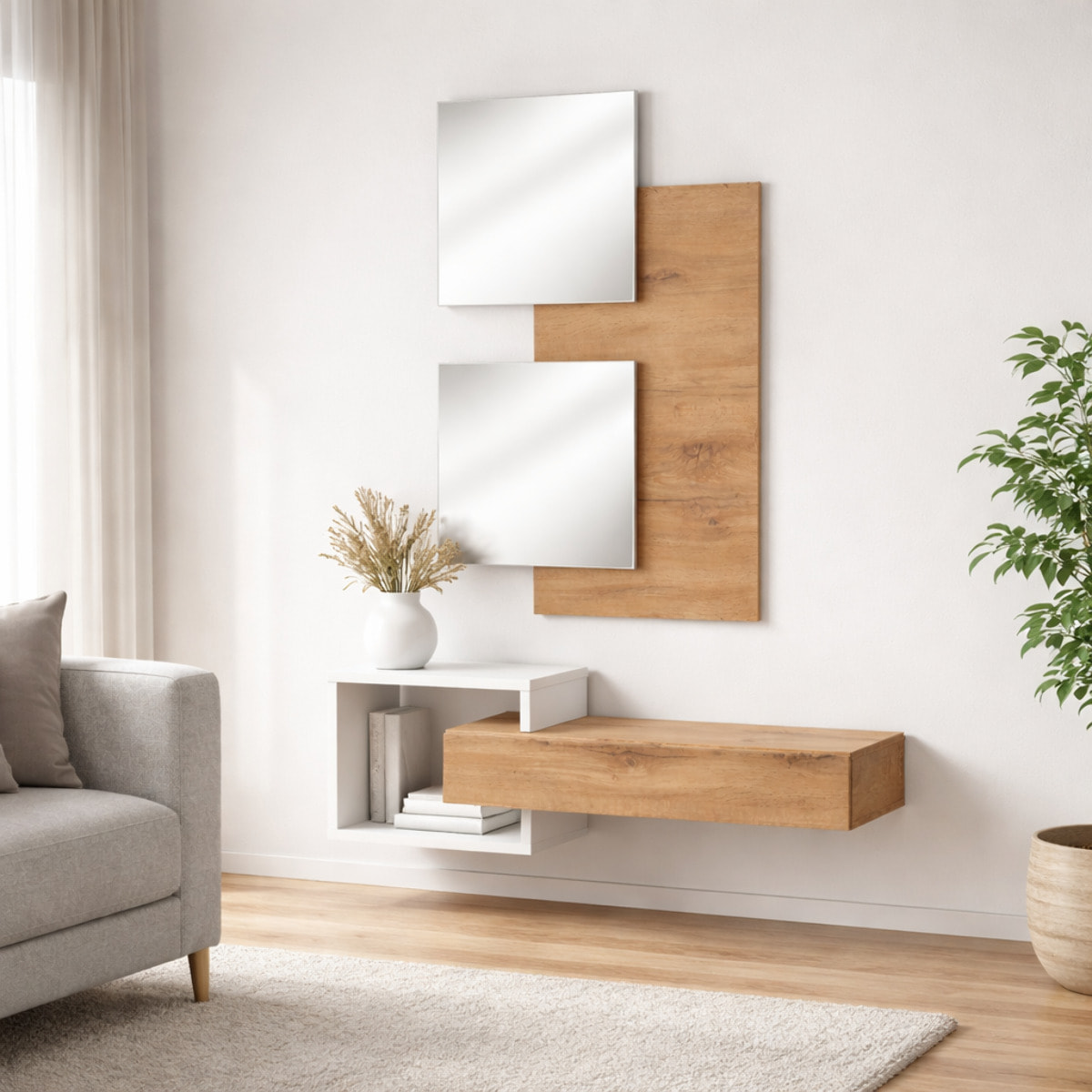 Set Ingresso Moderno Con Specchi Pensile A Giorno Mensola Con Cassetto Salvaspazio Mobile Da Parete 100 x 160 x 30 Cm Bianco E Rovere