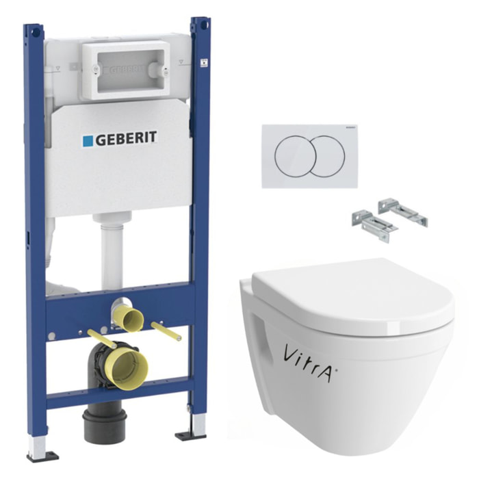 Pack WC Bâti-support + Cuvette suspendue Vitra S50 + Abattant frein de chute + Plaque blanche + Set d'habillage