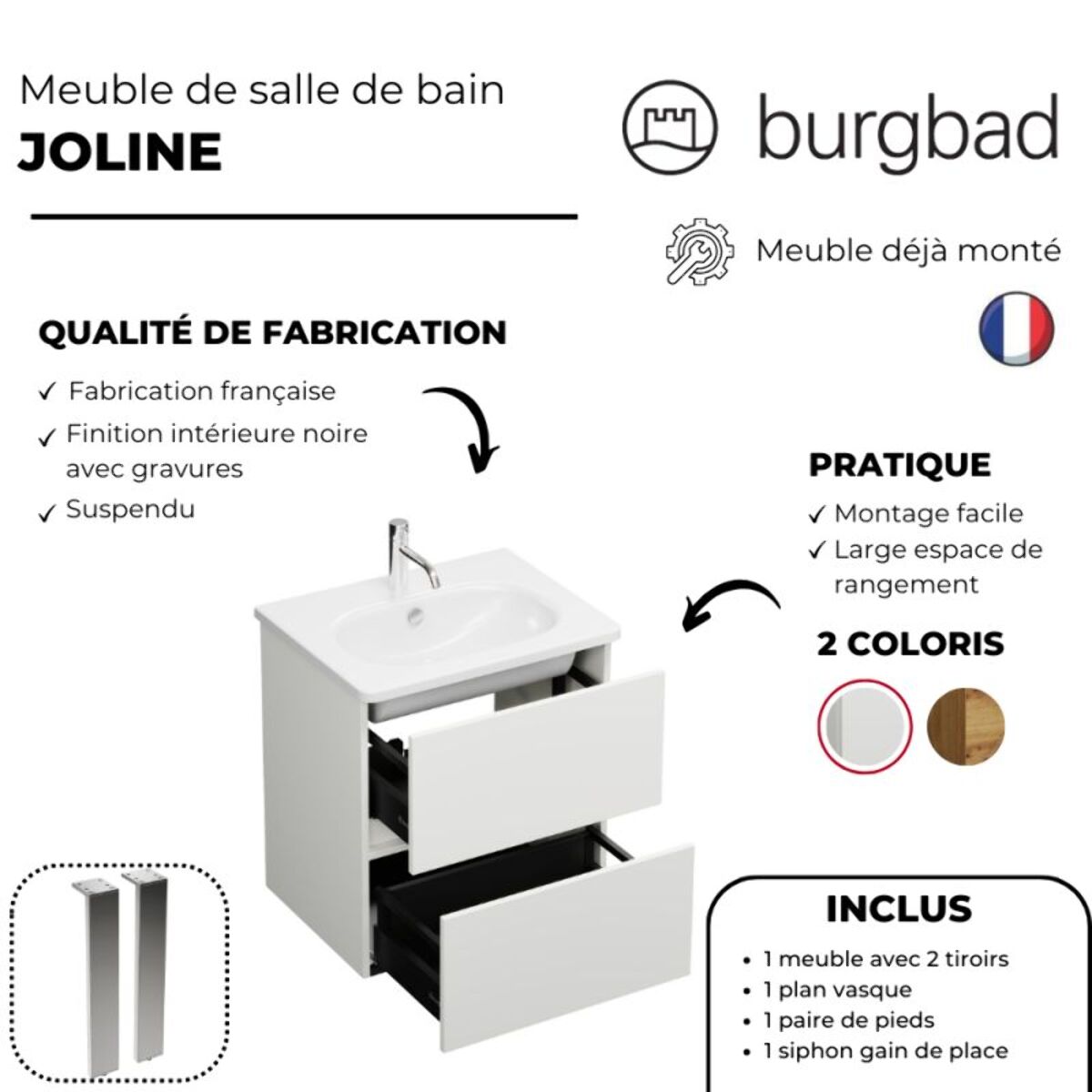 Meuble de salle de bain simple vasque 80 cm BURGBAD Joline blanc