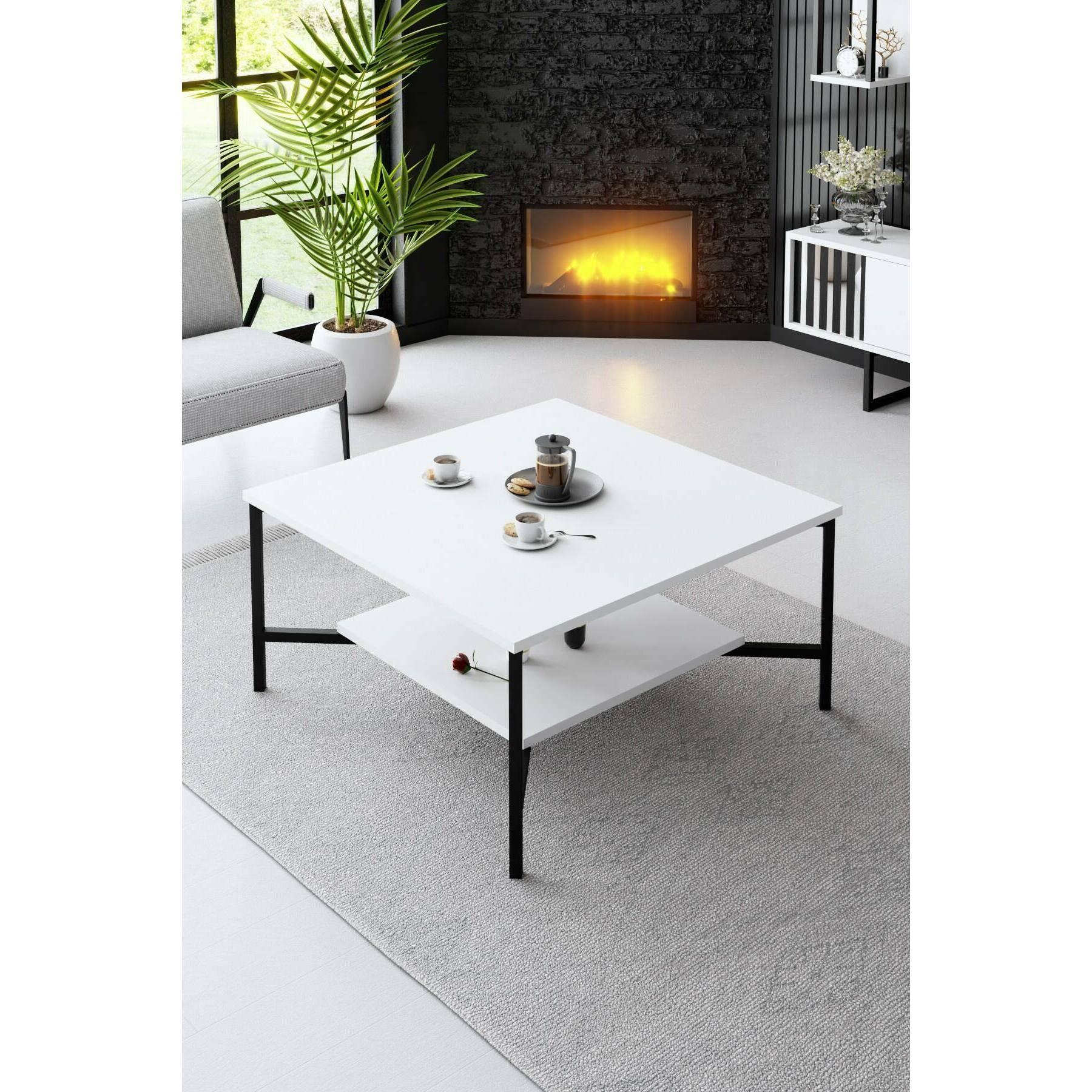 Tavolino da salotto Dichiar, Tavolo basso da caffè, Portariviste per divano, Ripiano da soggiorno, 80x80h40 cm, Bianco e Nero